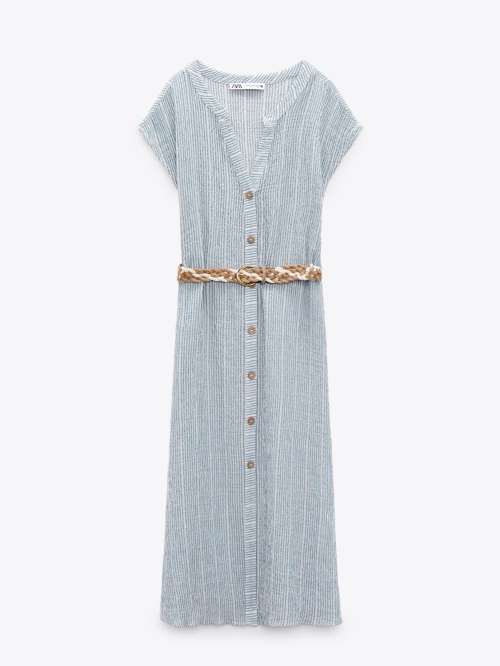 Light Blue Striped Button-Front Midi Dress with Braided Belt